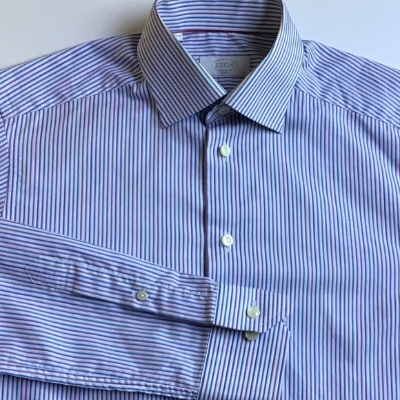 ETON slim light blue & brown pinstriped cotton shirt Sz 15 made in Europe - Picture 5 of 8